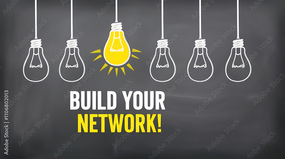 Chalkboard Style Design with Light Bulb Outlines and 'BUILD YOUR NETWORK!' Motivational Text, network growth, building network, network connectivity, digital network, team building Chalkboard Style Design with Light Bulb Outlines and 'BUILD YOUR NETWORK!' Motivational Text, network growth, building network, network connectivity, digital network, team building