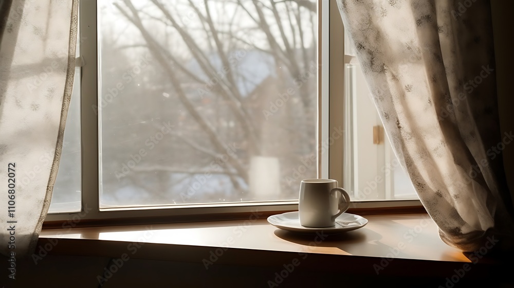A white mug sits on a windowsill sunlit scene A white mug sits on a windowsill sunlit scene