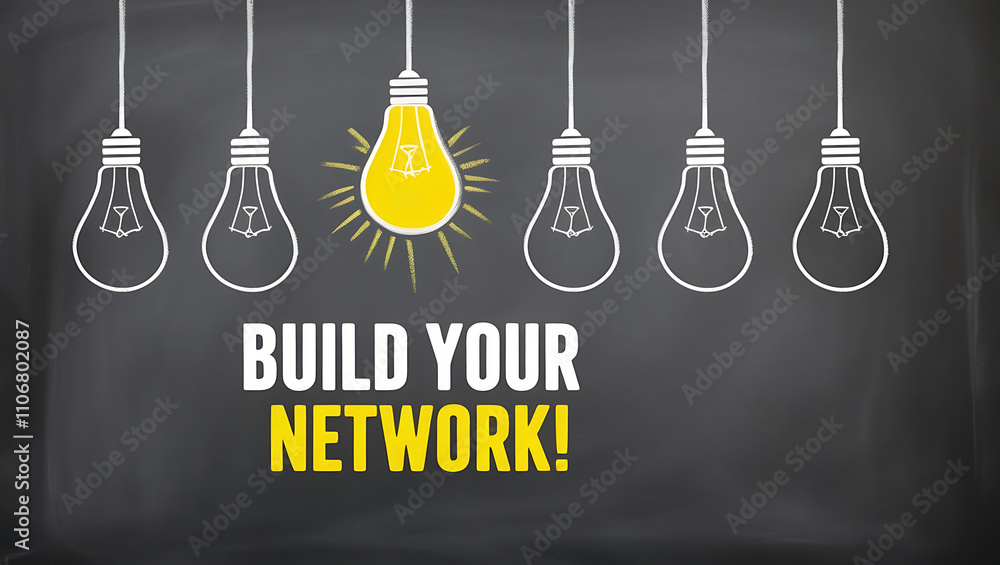 Chalkboard Style Design with Light Bulb Outlines and 'BUILD YOUR NETWORK!' Motivational Text, network growth, building network, network connectivity, digital network, team building Chalkboard Style Design with Light Bulb Outlines and 'BUILD YOUR NETWORK!' Motivational Text, network growth, building network, network connectivity, digital network, team building