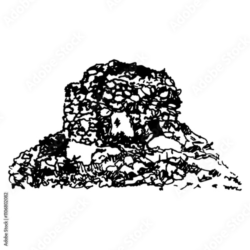 Mausoleum in Huilcahuaín or Wilcahuaín. Andean archaeological chullpa monument. Wari or Huari culture of ancient Peru. Hand drawn linear doodle rough sketch. Black and white silhouette. photo