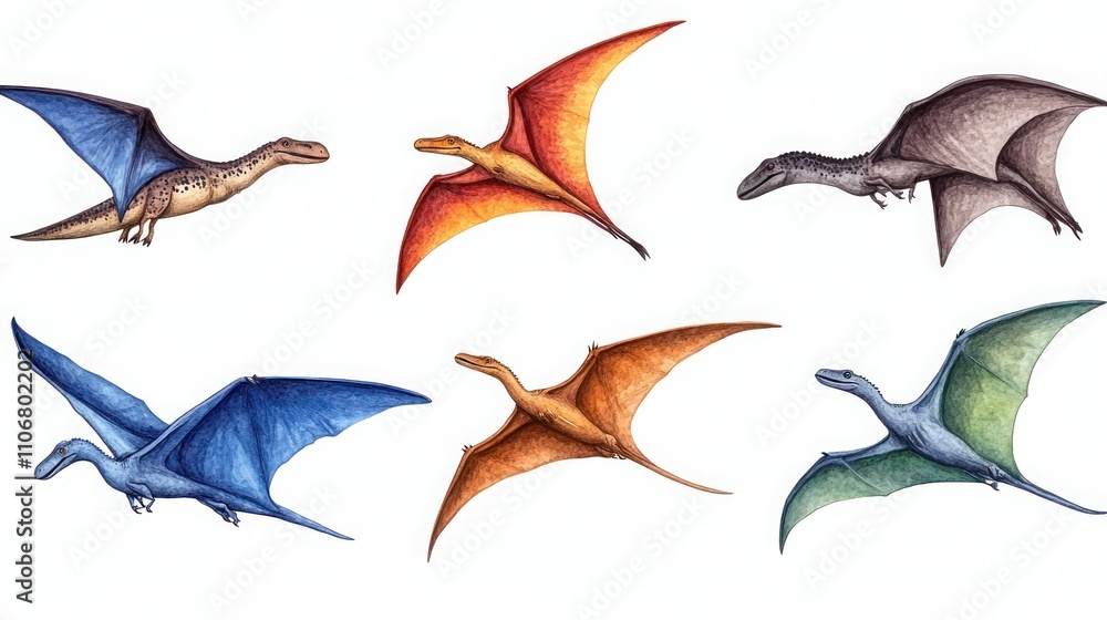 Fototapeta premium Collection of Isolated Pterodactyls on White Background