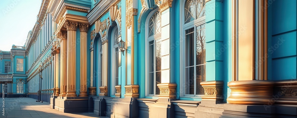 Obraz premium Art Deco-inspired building facade with bold lines, vibrant colors, and luxurious details, representing classic elegance