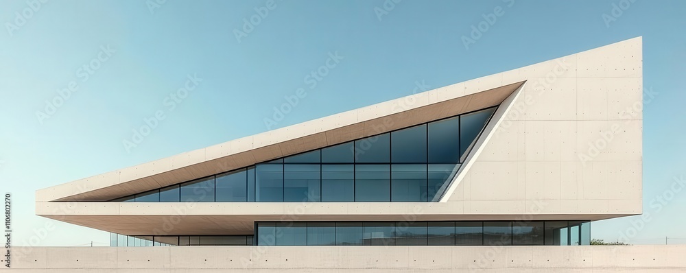 Obraz premium Chic minimalist building with sharp angles and smooth surfaces, concrete and glass materials, showcasing contemporary design