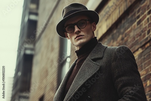 Elegant man in gray suit and fedora on urban street