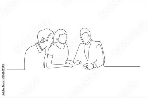 One line drawing of three people in a meeting.
