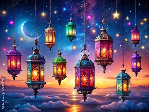 Captivating Ramadan Lanterns Illuminating a Starry Twilight Sky, Perfect for Celebrating the Spirit of Ramadan and Enhancing Your Festive Decor