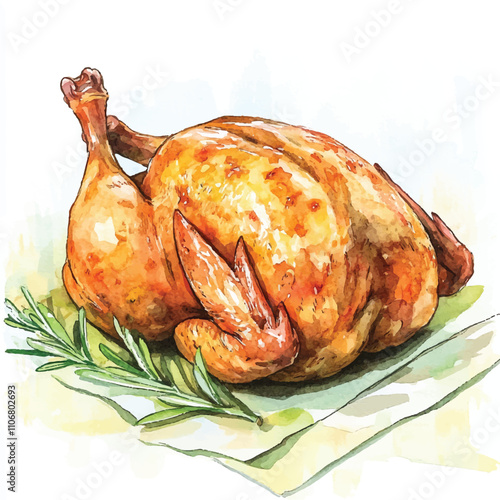Roasted chicken watercolor clipart illustration
