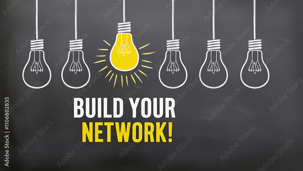 Chalkboard Style Design with Light Bulb Outlines and 'BUILD YOUR NETWORK!' Motivational Text, network growth, building network, network connectivity, digital network, team building Chalkboard Style Design with Light Bulb Outlines and 'BUILD YOUR NETWORK!' Motivational Text, network growth, building network, network connectivity, digital network, team building