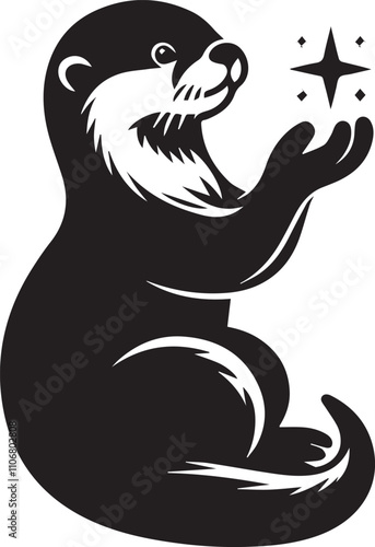 Otter holding a tiny star gazing at it black silhouette vector