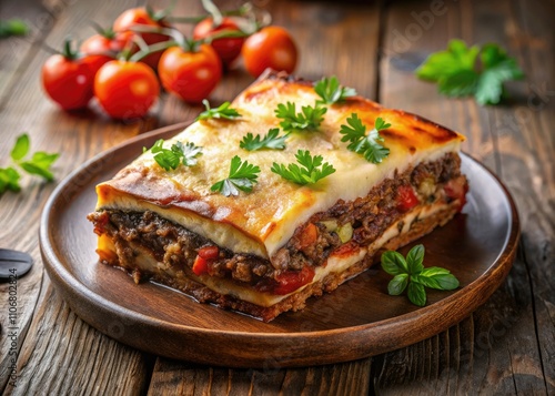 Aerial View Moussaka Slice, Greek Food Photography, Delicious Recipe Image, Herb Garnish, Food Styling