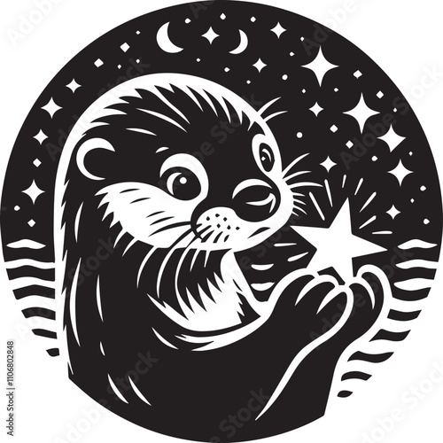 Otter holding a tiny star gazing at it black silhouette vector