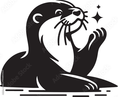 Otter holding a tiny star gazing at it black silhouette vector