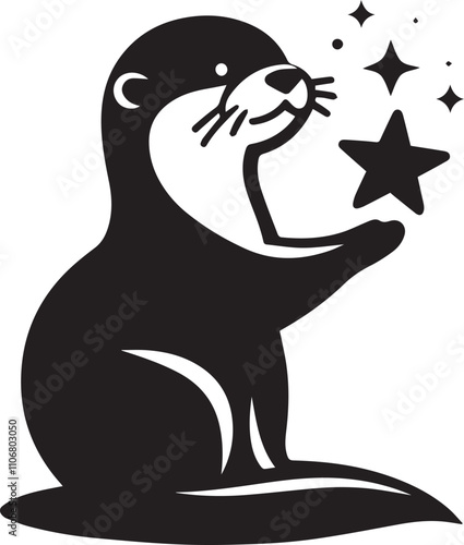 Otter holding a tiny star gazing at it black silhouette vector