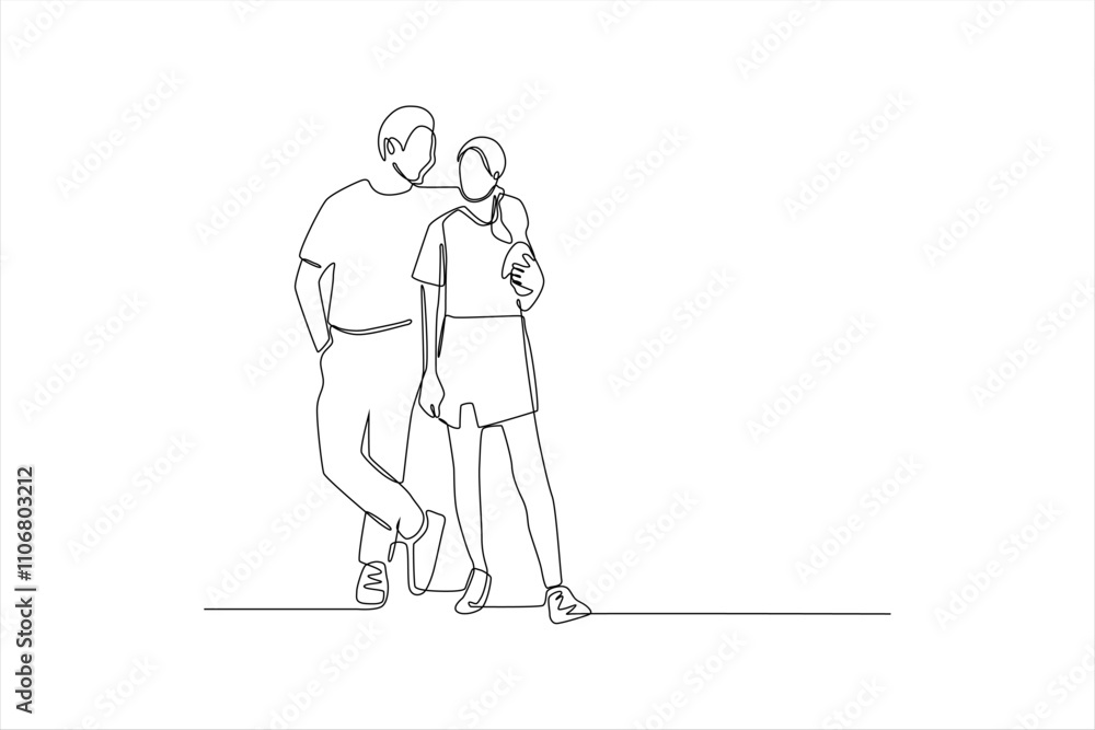 Continuous line drawing of a couple standing together. Continuous line drawing of a couple standing together.