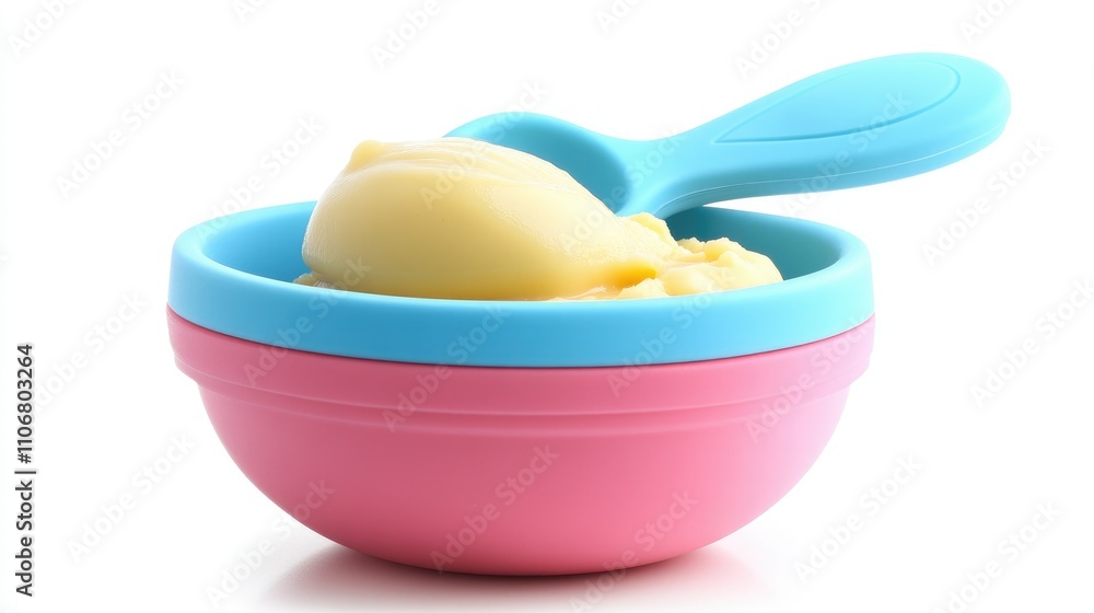 A colorful bowl of ice cream with a blue scoop, perfect for serving frozen treats. A colorful bowl of ice cream with a blue scoop, perfect for serving frozen treats.