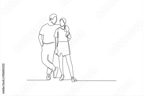Continuous line drawing of a couple standing together.