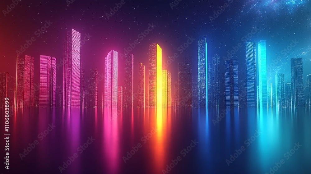A Futuristic Cityscape with Neon Lights Reflecting in a Body of Water A Futuristic Cityscape with Neon Lights Reflecting in a Body of Water