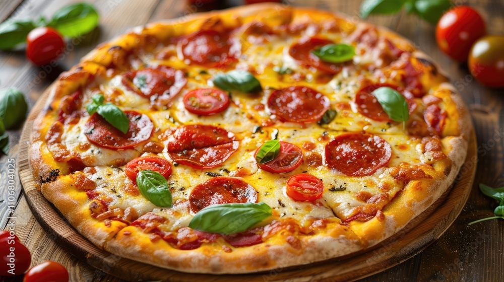 Appetizing pizza presentation on wooden surface with cheese, tomatoes, basil, and pepperoni. Appetizing pizza presentation on wooden surface with cheese, tomatoes, basil, and pepperoni.
