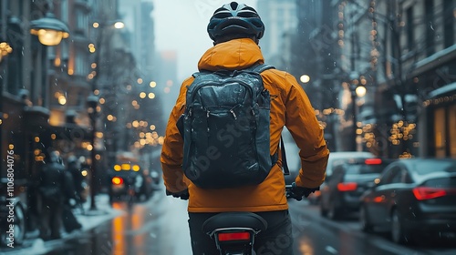 A cyclist riding alongside a bus in the city, viewed from behind, wearing a helmet and carrying a backpack