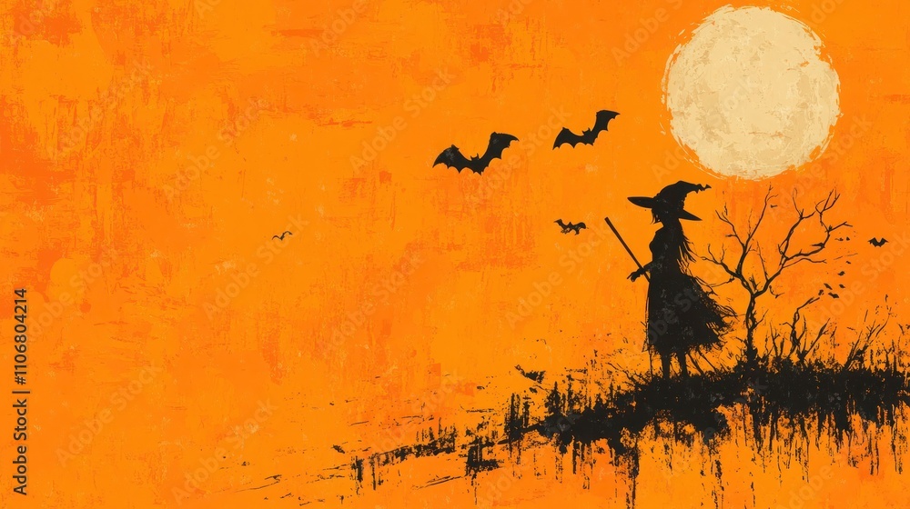 Obraz premium Halloween Banner with Witch, Bats, and Ominous Tree Branches on Full Moon Background - Vector Logo