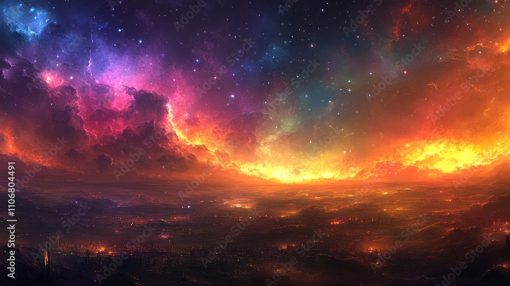 A Cityscape Under a Starry Sky and a Fiery Nebula A Cityscape Under a Starry Sky and a Fiery Nebula
