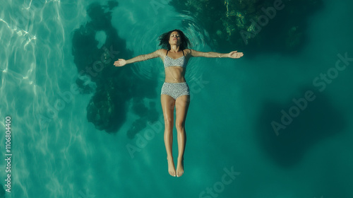 Peaceful vacation scene with a woman floating on calm waters