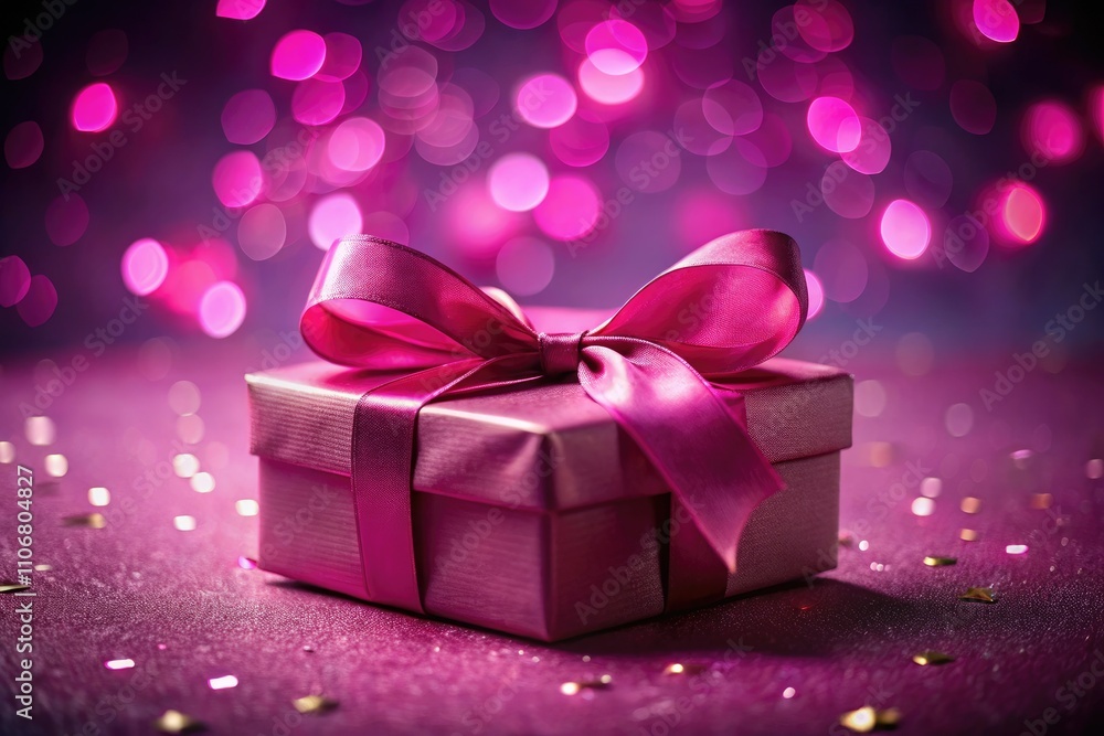 Fototapeta premium Pink Gift Box Night Photography, Pink Ribbon, Dark Background, Elegant Present, Romantic Gift, Birthday Surprise, Festive Packaging, Night Scene, Gift Box Mockup, Product Photography