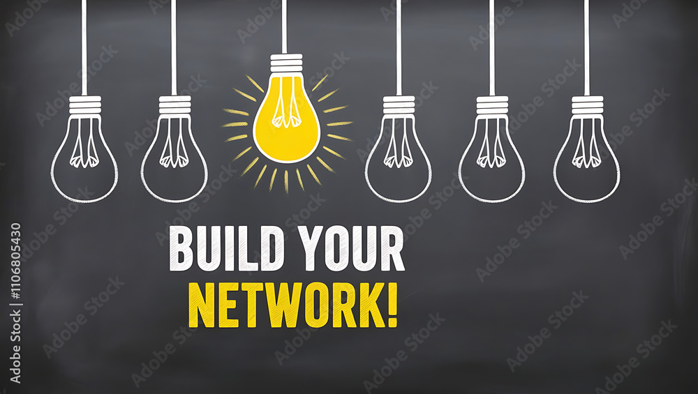 Chalkboard Style Design with Light Bulb Outlines and 'BUILD YOUR NETWORK!' Motivational Text, network growth, building network, network connectivity, digital network, team building Chalkboard Style Design with Light Bulb Outlines and 'BUILD YOUR NETWORK!' Motivational Text, network growth, building network, network connectivity, digital network, team building