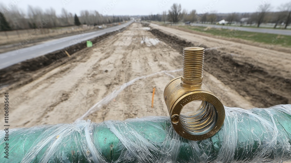 Fototapeta premium Road Construction Brass Pipe Fitting Utility Installation Highway Project