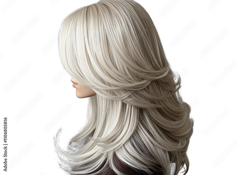 Naklejka premium Blonde layered wig with gentle waves, platinum color, elegantly floating on white.