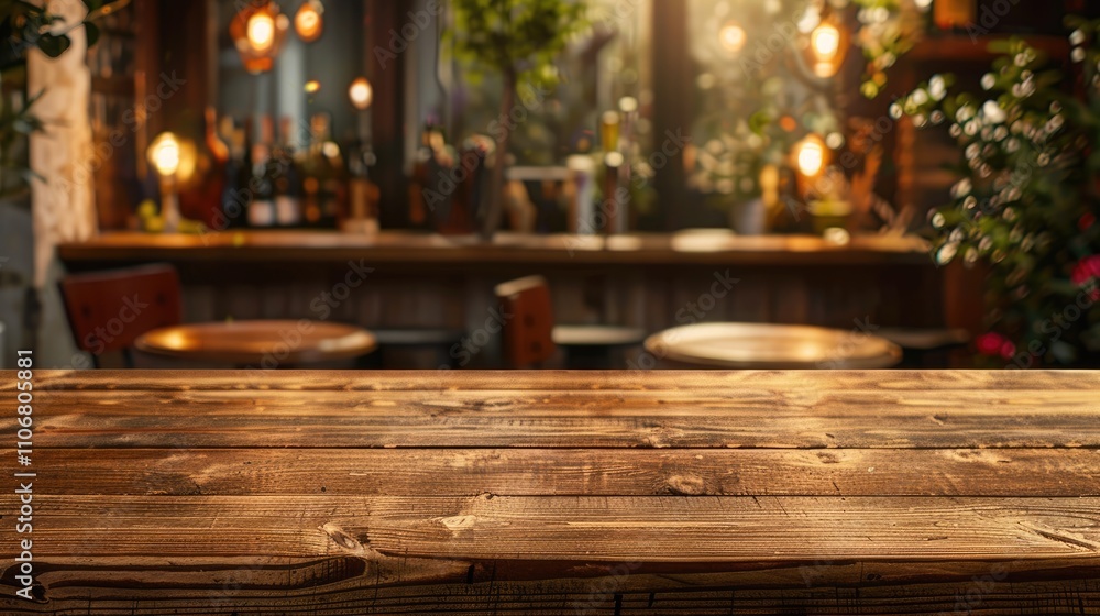 Retro-style wooden table with copy space for product display in a restaurant, cafe, or party setting. Retro-style wooden table with copy space for product display in a restaurant, cafe, or party setting.