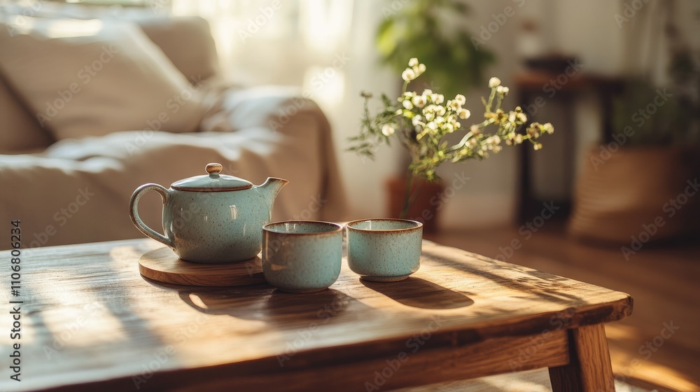 A cozy tea set on a wooden table in a sunlit living room, inviting relaxation and warmth. A cozy tea set on a wooden table in a sunlit living room, inviting relaxation and warmth.