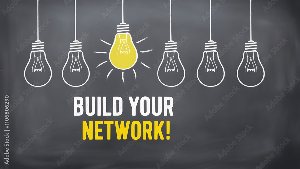 Chalkboard Style Design with Light Bulb Outlines and 'BUILD YOUR NETWORK!' Motivational Text, network growth, building network, network connectivity, digital network, team building Chalkboard Style Design with Light Bulb Outlines and 'BUILD YOUR NETWORK!' Motivational Text, network growth, building network, network connectivity, digital network, team building