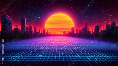 Retrofuturistic Cityscape with Sunset and Digital Grid