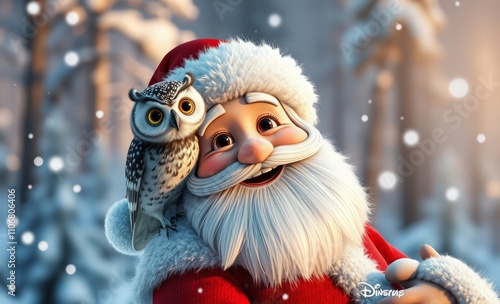 owl christmas A smiling santa claus with an owl perched on his shoulder, both enjoying the snowy forest as snowflakes fall around them  animal, decoration, season, bird photo