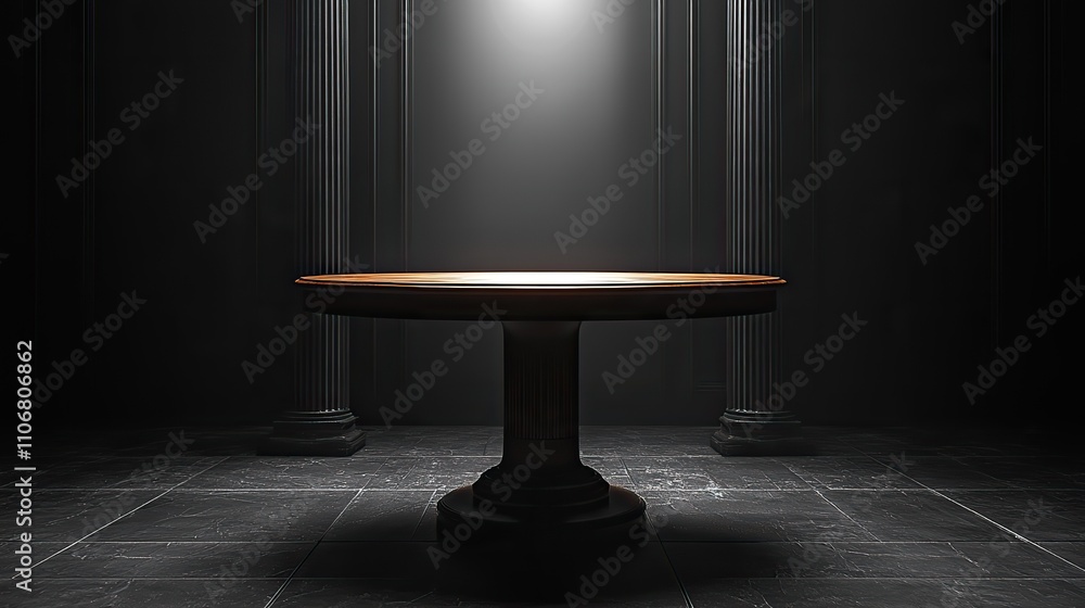 A dark grey table is illuminated by soft light shining from the right side against an all-black background A dark grey table is illuminated by soft light shining from the right side against an all-black background