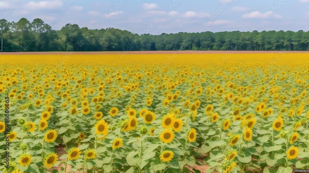 Sunflowers bloom in a vast field near a tree line Sunflowers bloom in a vast field near a tree line
