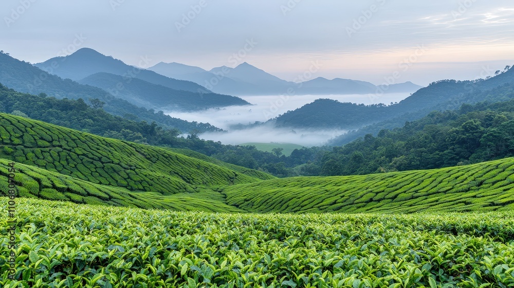 Serene Sunrise Lush Green Tea Plantation Landscape with Misty Mountains Serene Sunrise Lush Green Tea Plantation Landscape with Misty Mountains