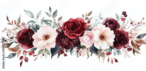 Fototapeta Naklejka Na Ścianę i Meble -  Watercolor floral bouquet with red roses pink peonies white blossoms green leaves and berries vintage wedding stationery