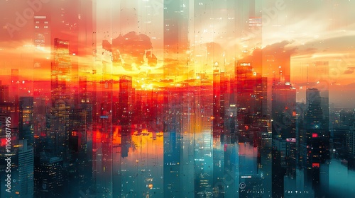 A digital art composition of a global map overlaid with country flags against a vibrant, abstract cityscape at sunset