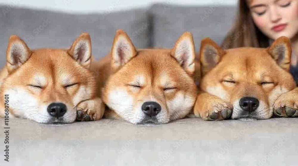 Three Adorable Shiba Inu Dogs Sleeping Peacefully on Sofa Three Adorable Shiba Inu Dogs Sleeping Peacefully on Sofa