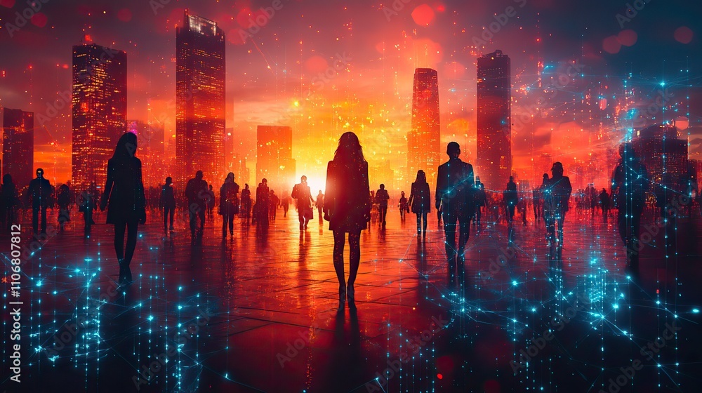 Fototapeta premium A digital art shows business people in an office with network connections, symbolizing teamwork and communication