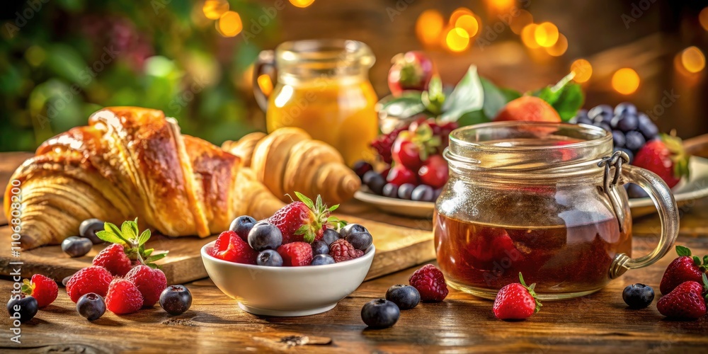 Fototapeta premium Delightful Breakfast Spread with Croissants, Coffee, Jams, and Fresh Berries in a Cozy Setting - Perfect for Morning Inspiration and Culinary Delights