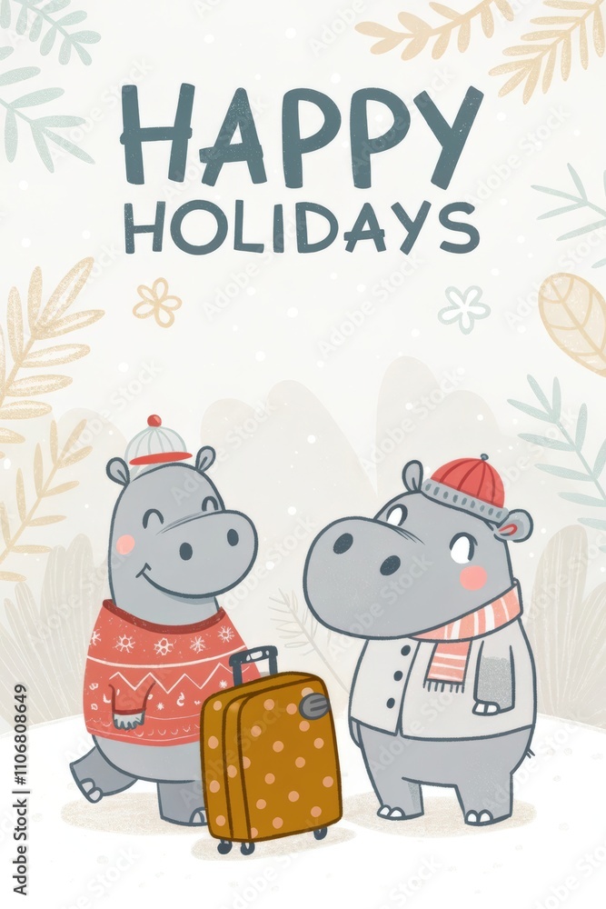 Naklejka premium cute cartoon hippo with happy holidays