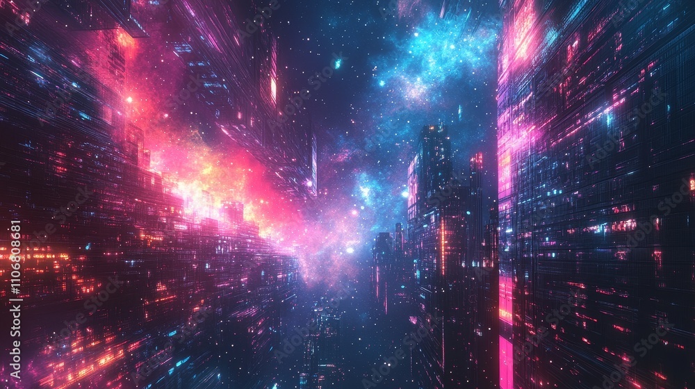 Fototapeta premium Abstract cosmic scene with pink and blue nebulas and bright stars