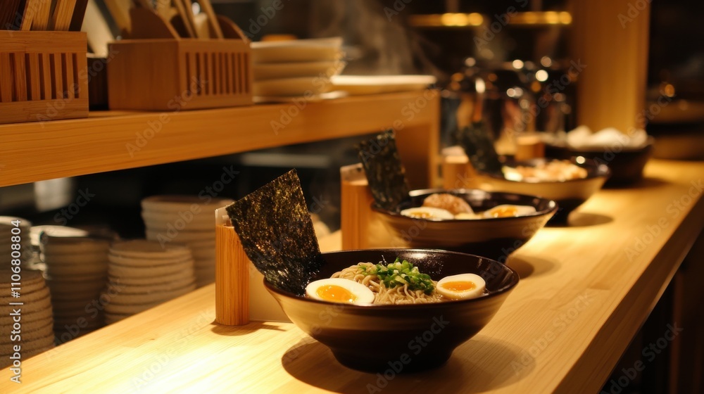 An inviting ramen bar offering choices like miso, tonkotsu, and shoyu broth An inviting ramen bar offering choices like miso, tonkotsu, and shoyu broth