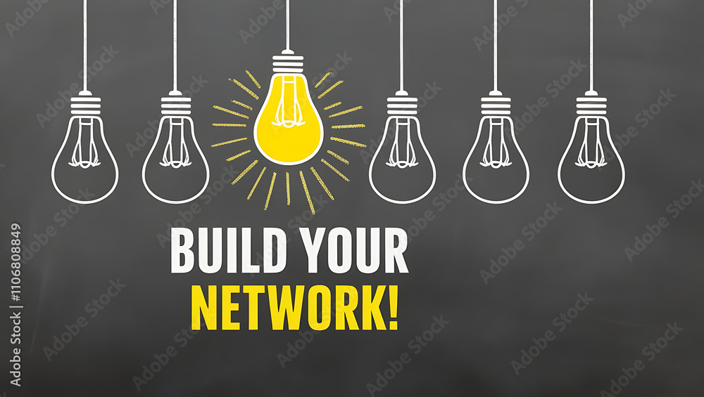Chalkboard Style Design with Light Bulb Outlines and 'BUILD YOUR NETWORK!' Motivational Text, network growth, building network, network connectivity, digital network, team building Chalkboard Style Design with Light Bulb Outlines and 'BUILD YOUR NETWORK!' Motivational Text, network growth, building network, network connectivity, digital network, team building