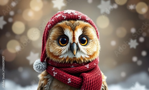 owl christmas Cute tawny owl wearing cozy red woollen hat and scarf, christmas pattern, bokeh snowflakes background merry christmas and happy new year greeting card  animal, decoration, season, bird photo