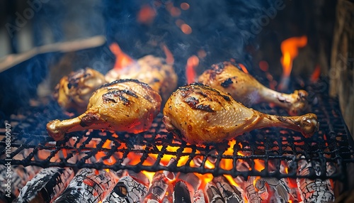 chicken legs grilling over a charcoal flame