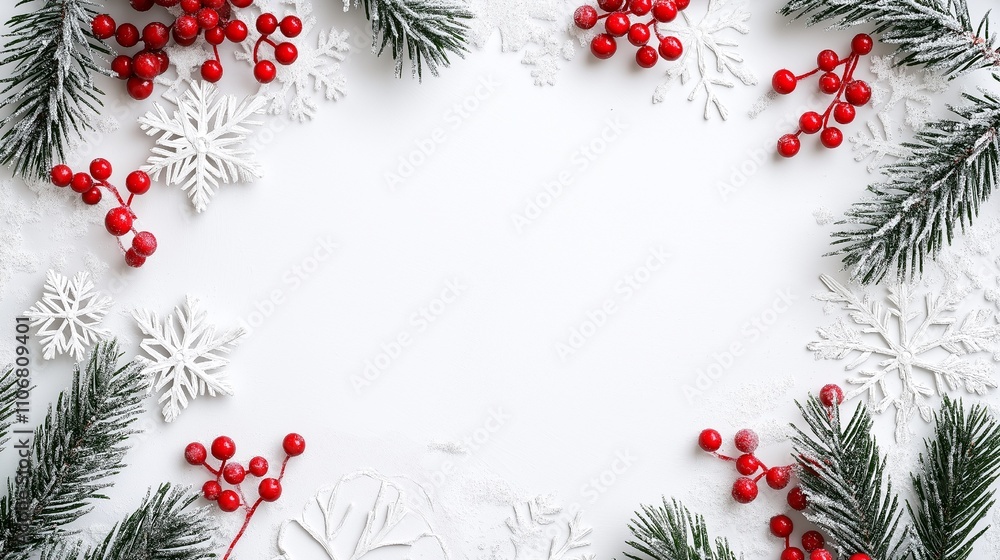 White holiday background with green pine branches and red berries for festive design White holiday background with green pine branches and red berries for festive design